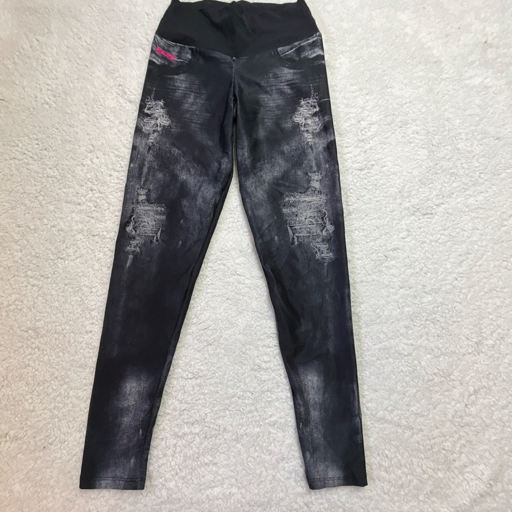 B. Story Black Gray Jegging Leggings Women's P/S 27" Inseam Distressed Stretch
